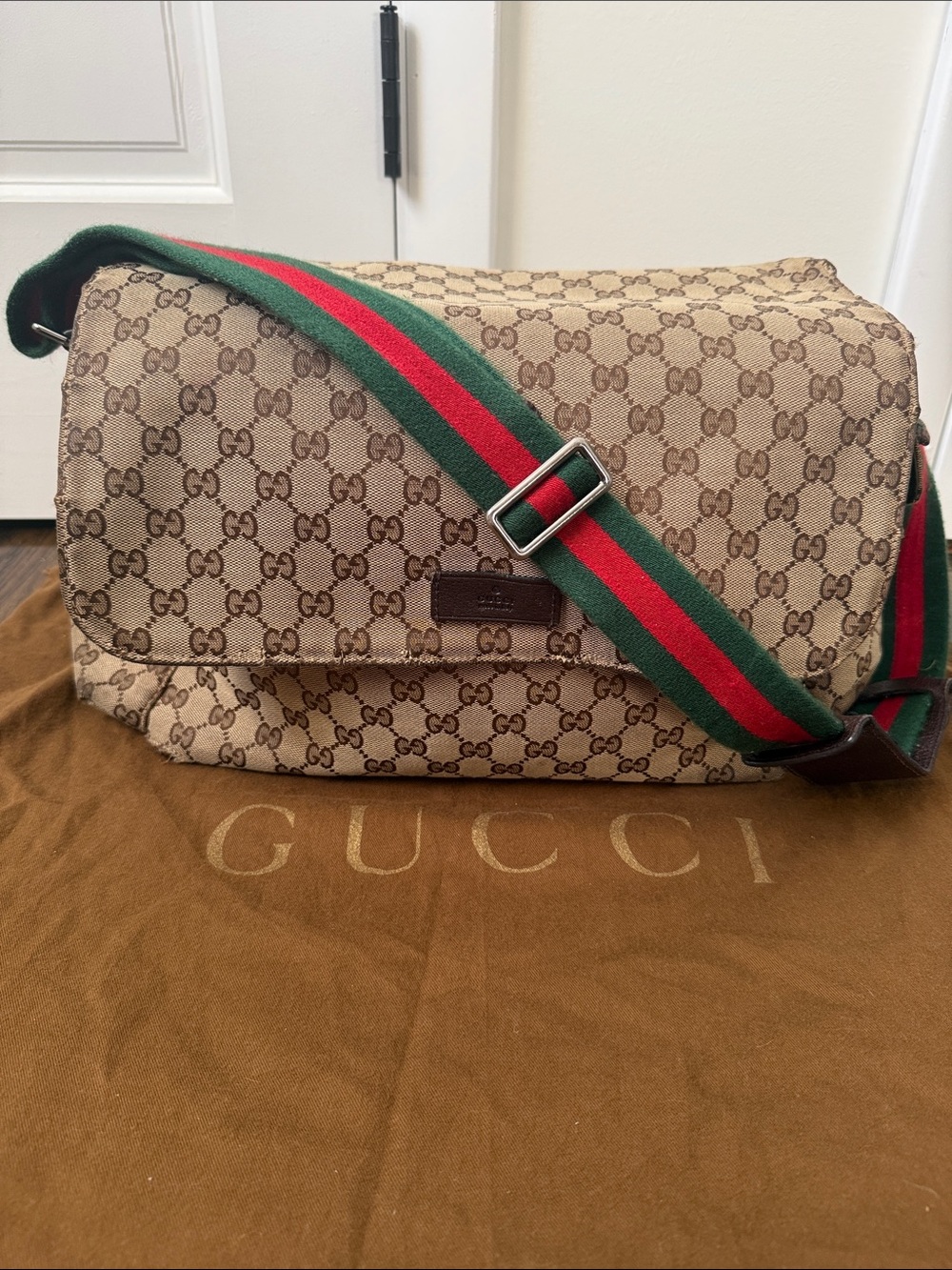Gucci Brown GG Canvas Diaper Bag with Green and Red Signature Strap